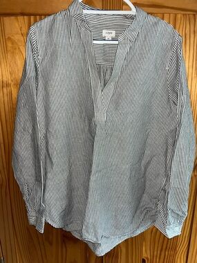 J. Crew linen Black & White Vertical Stripe Band-Collar Shirt